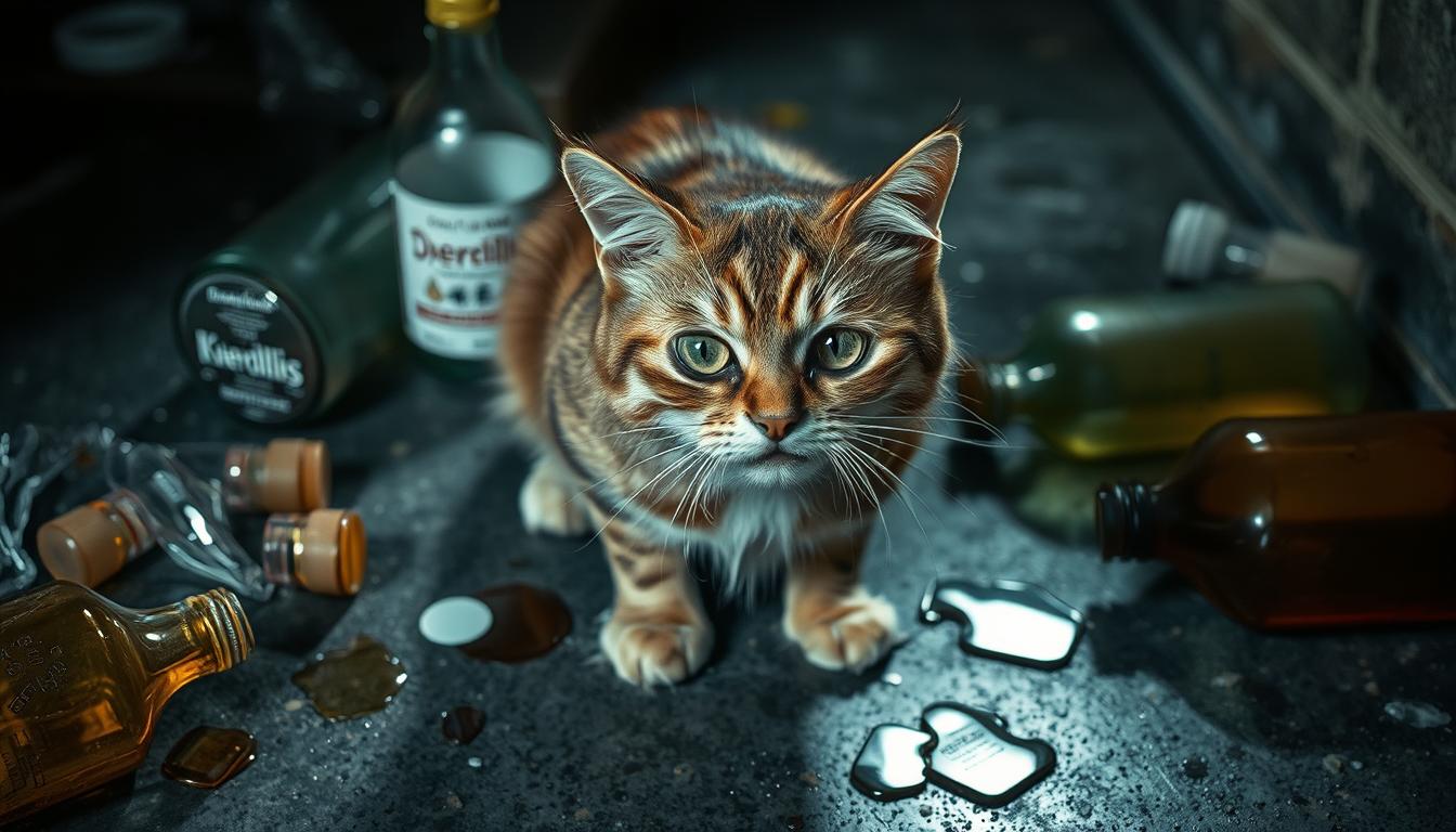 Ilustracja kota obok buteleczki z liquidem do e-papierosa, podkreślająca specyficzną wrażliwość kotów na glikol propylenowy (PG).