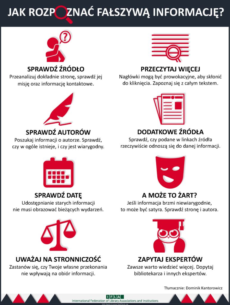 Ilustracja przedstawiająca osobę sprawdzającą informacje z różnych źródeł, wybierając te wiarygodne.