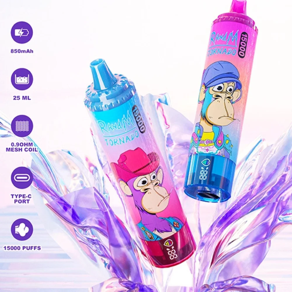 E-papieros jednorazowy RandM Tornado 15000 Puffs otoczony owocami, cukierkami Skittles i napojami energetycznymi, podkreślającymi intensywność i różnorodność smaków.