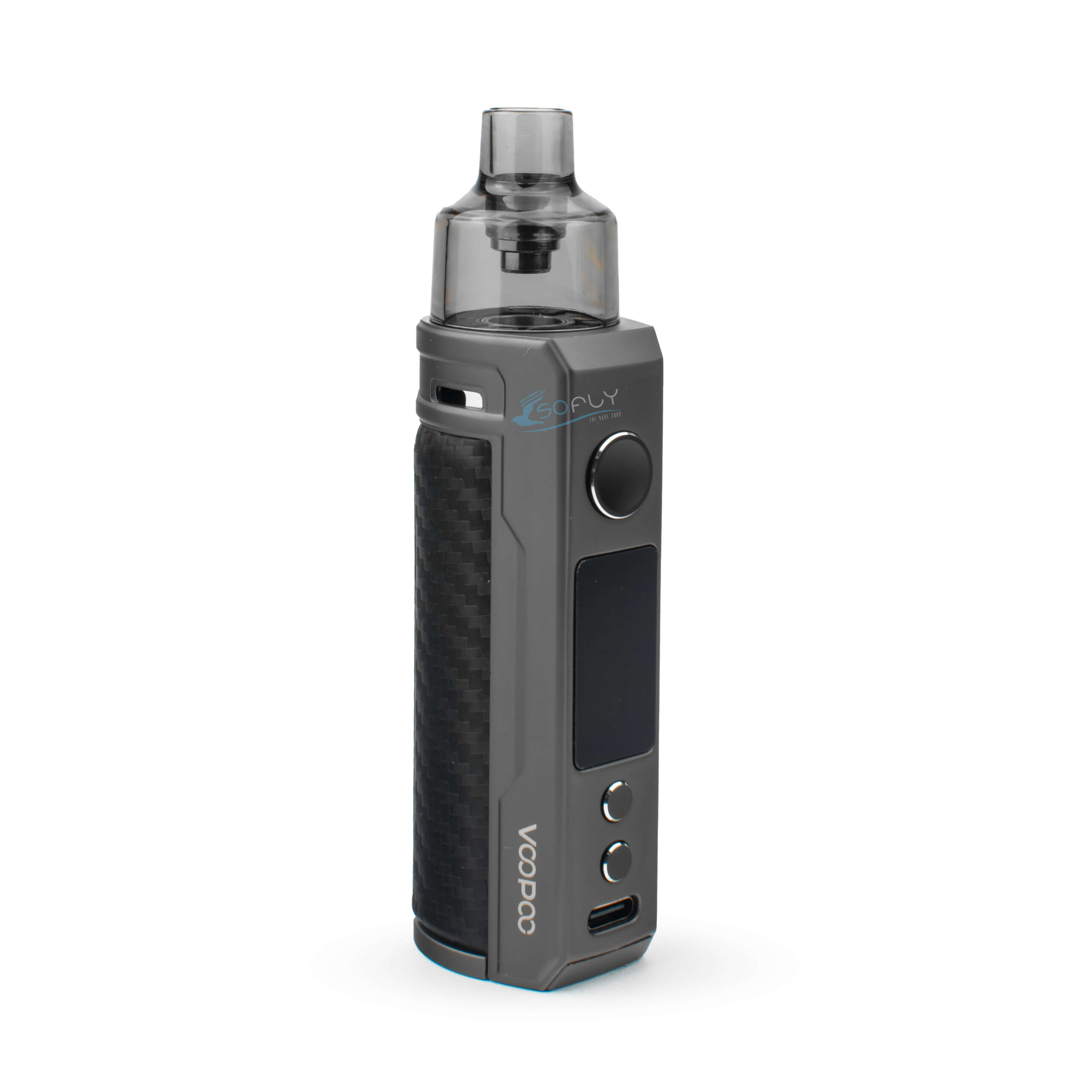 Szczegółowe zdjęcie e-papierosa Voopoo Drag S, podkreślające jego smukły kształt oraz połączenie metalu z elegancką skórą.
