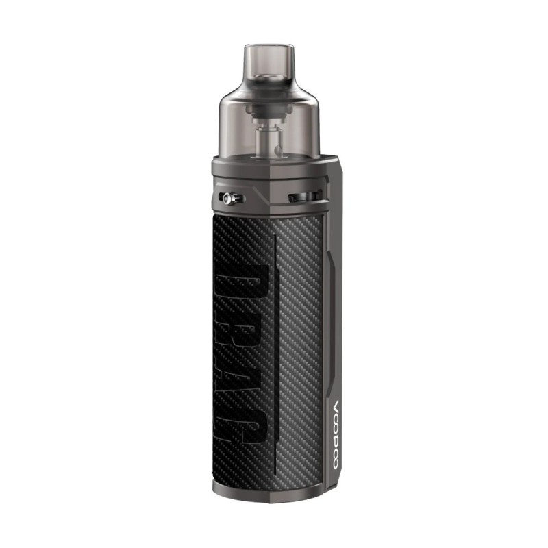 Szczegółowe zdjęcie e-papierosa Voopoo Drag S, podkreślające jego smukły kształt oraz połączenie metalu z elegancką skórą.