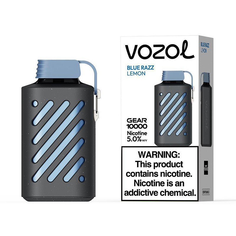 Zdjęcie e-papierosów Vozol z serii Gear, ukazujące ich surowy, metaliczny design, techniczne detale i charakterystyczny karabińczyk, sugerujące wytrzymałość i funkcjonalność.
