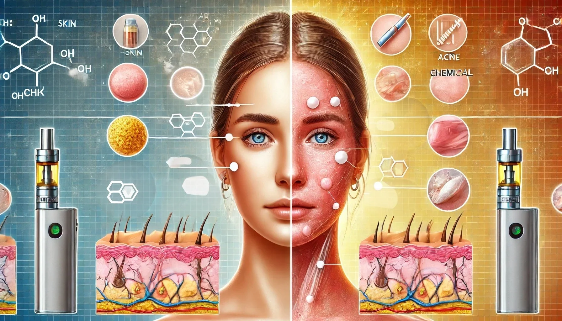 Zbliżenie na twarz osoby, z wyraźnymi zmarszczkami i suchą, szarą cerą, kontrastujące z młodszą skórą lub dymem e-papierosa w tle.