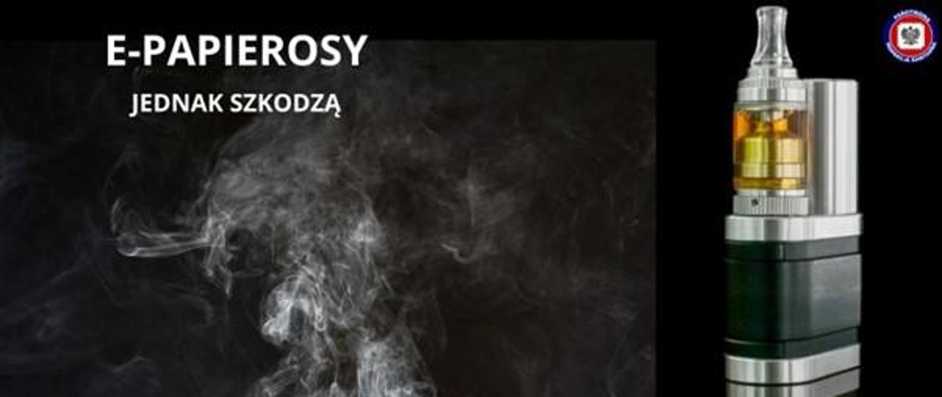 Grafika przedstawiająca znak ostrzegawczy z e-papierosem i symbolami toksycznych substancji, podkreślająca zagrożenie dla płuc.