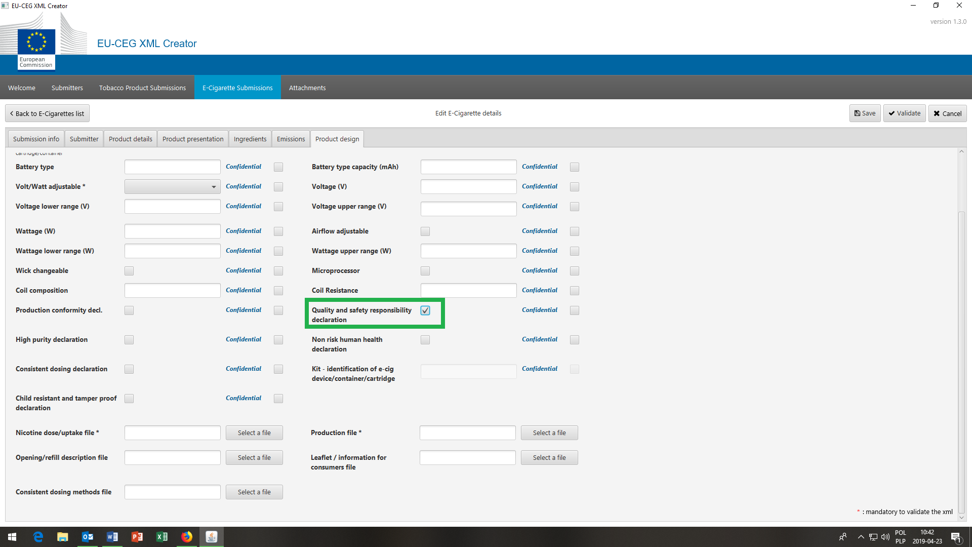 Grafika przedstawiająca monitor komputera z interfejsem przypominającym system rejestracyjny EU-CEG, obok dokumenty i e-papierosy, symbolizująca proces biurokratyczny.