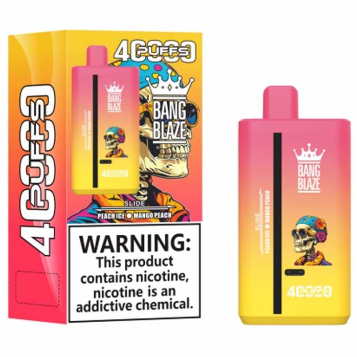 E-papieros Bang Blaze 40000 ukazujący jego budowę, z zaznaczeniem inteligentnego ekranu i pojemności.