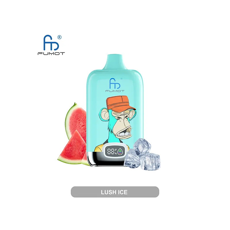 Kompozycja różnych owoców (arbuz, maliny, truskawki, brzoskwinie, mango) ułożonych wokół kilku jednorazówek Fumot, symbolizująca różnorodność smaków.