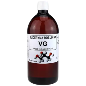 Butelka oznaczona VG z dużymi, gęstymi chmurami i delikatnymi symbolami słodyczy, ilustrująca właściwości gliceryny roślinnej.