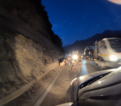 Samochód jadący autostradą w środku nocy, zbliżający się do jasno oświetlonej stacji benzynowej w oddali, symbolizującej jedyny dostępny punkt zakupu vape o tej porze.