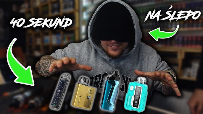 Trójka przyjaciół, z których przynajmniej jedna osoba ma zawiązane oczy, testująca różne smaki e-papierosów Fizzy Twins, w atmosferze zabawy i koncentracji.