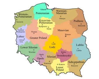 Stylizowana mapa Polski z zaznaczonymi miastami takimi jak Warszawa, Gdańsk, Kraków, obok których umieszczono ikony symbolizujące preferowane smaki e-liquidów w tych regionach.