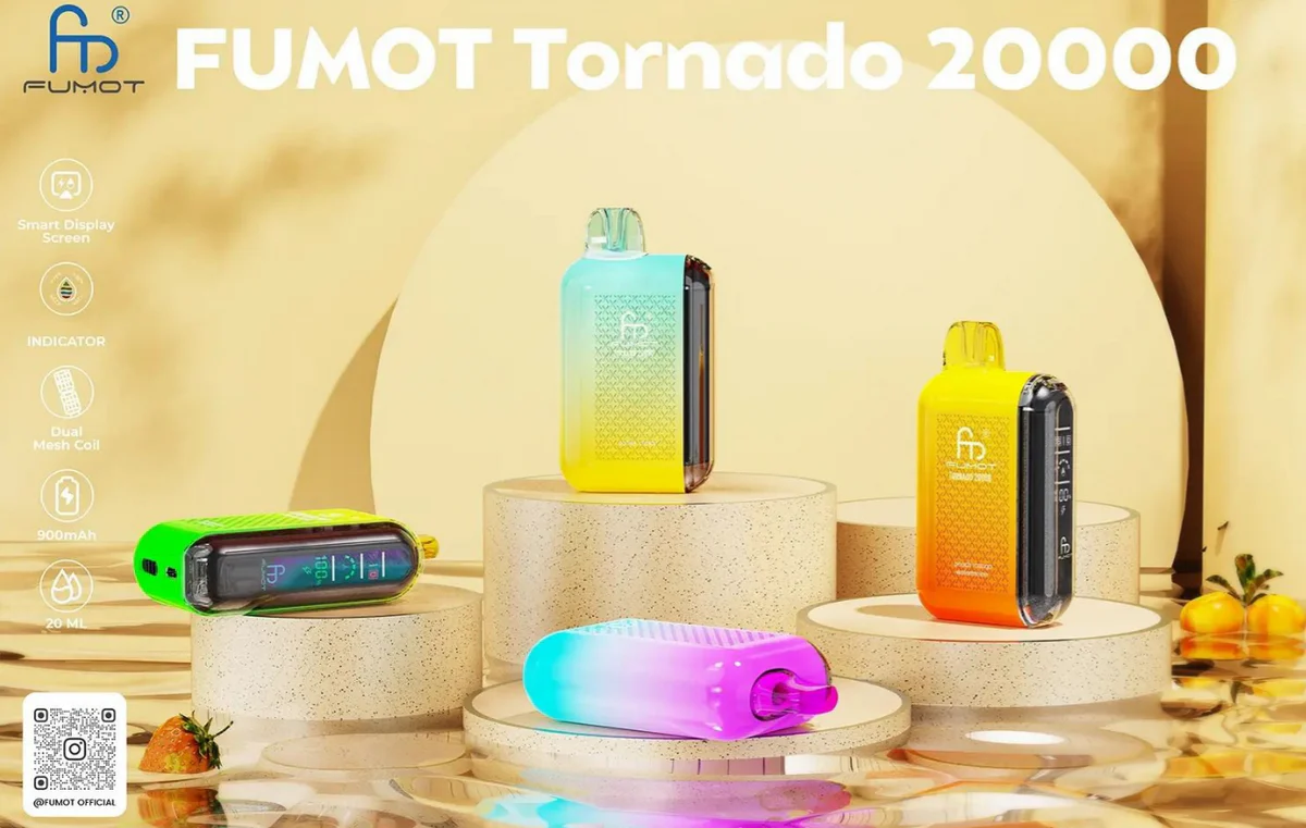 E-papieros Fumot RandM Tornado otoczony kolorowymi słodyczami i cukierkami, symbolizującymi intensywne i słodkie smaki.