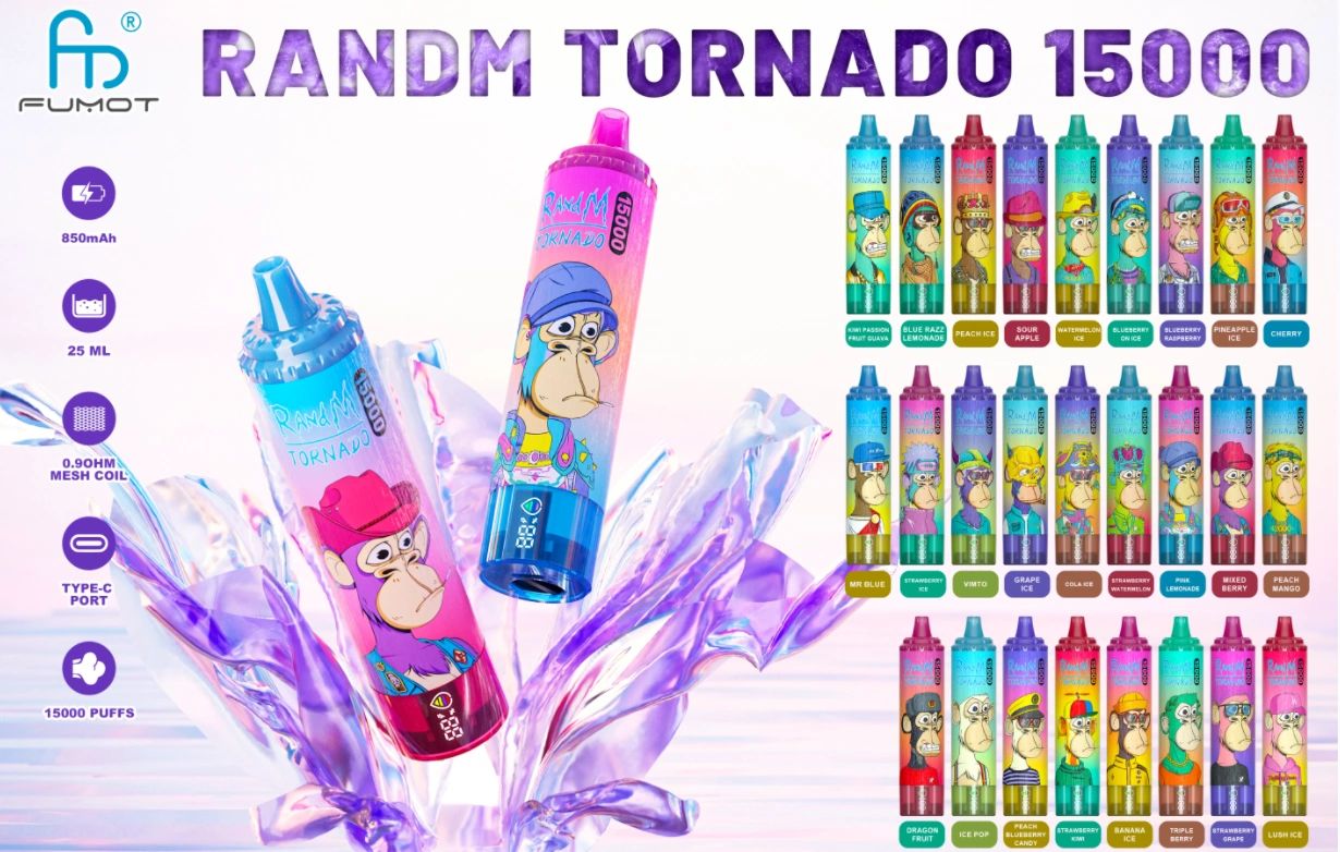 Zdjęcie e-papierosa RandM Tornado 15000, prezentujące jego charakterystyczny, często kolorowy design oraz wyraźny branding, z efektem dymu.