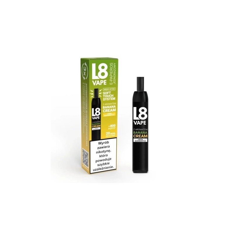 E-papieros jednorazowy L8 Vape w stonowanym, matowym kolorze, leżący dyskretnie na biurku.