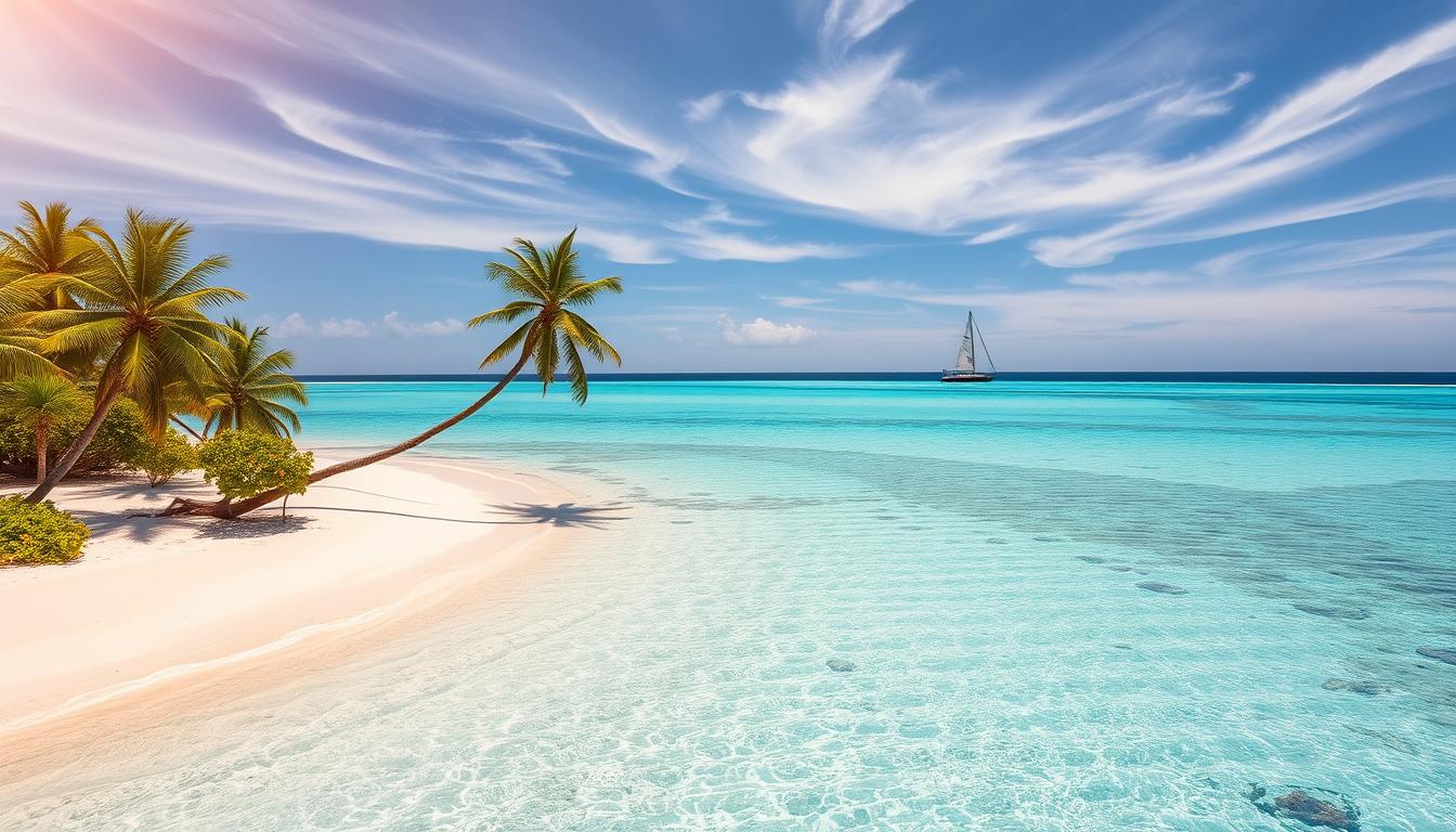 Widok na krystalicznie czystą, turkusową lagunę z białym piaskiem i palmami, symbolizującą idealny, tropikalny smak.