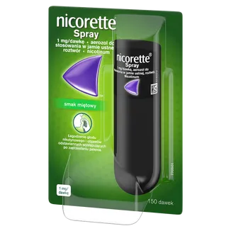 Zestaw produktów nikotynowej terapii zastępczej: plaster, guma do żucia, pastylki do ssania i spray, ułożone na stole.