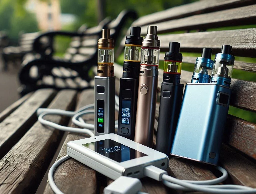 Ikona lub grafika przedstawiająca baterię e-papierosa z symbolem długiego czasu działania, może z kablem USB-C do ładowania.