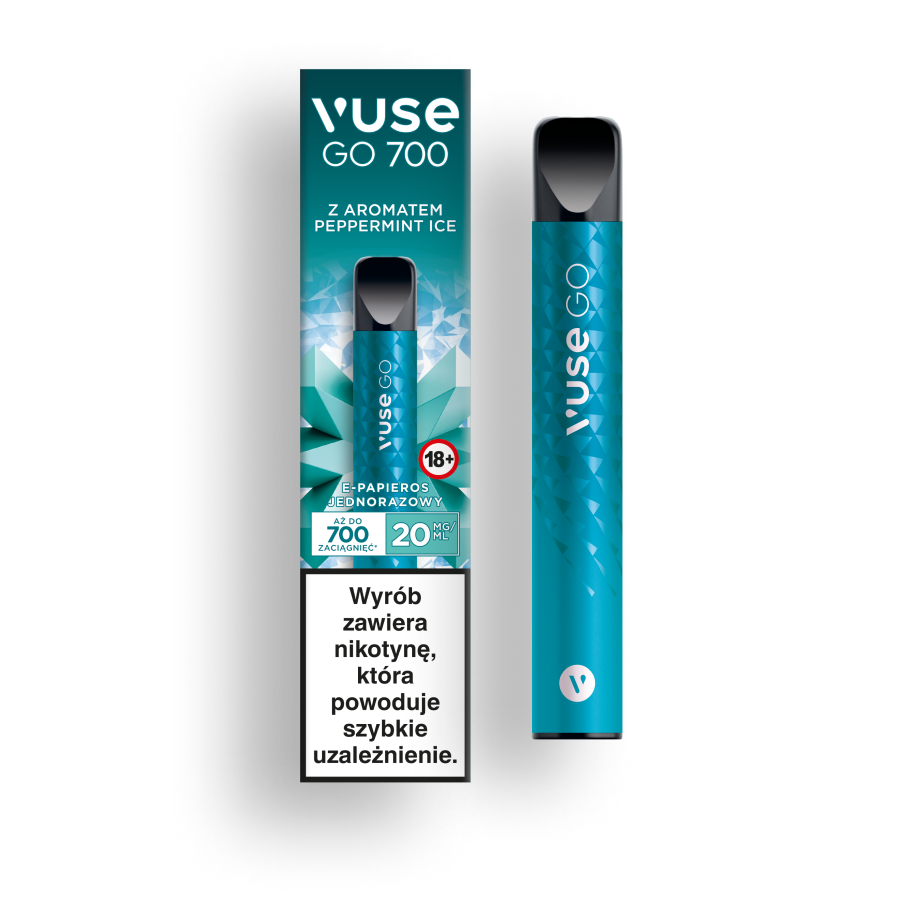 E-papieros L8 Vape obok świeżych liści mięty i kostek lodu, symbolizujące orzeźwiający smak Mint Ice.