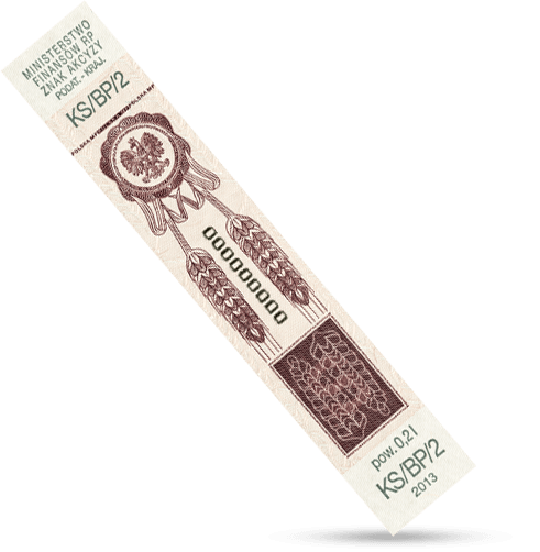 Zbliżenie na produkt vape (np. jednorazowy e-papieros lub buteleczkę liquidu) z wyraźnie widoczną polską banderolą akcyzową, symbolizującą legalność produktu.