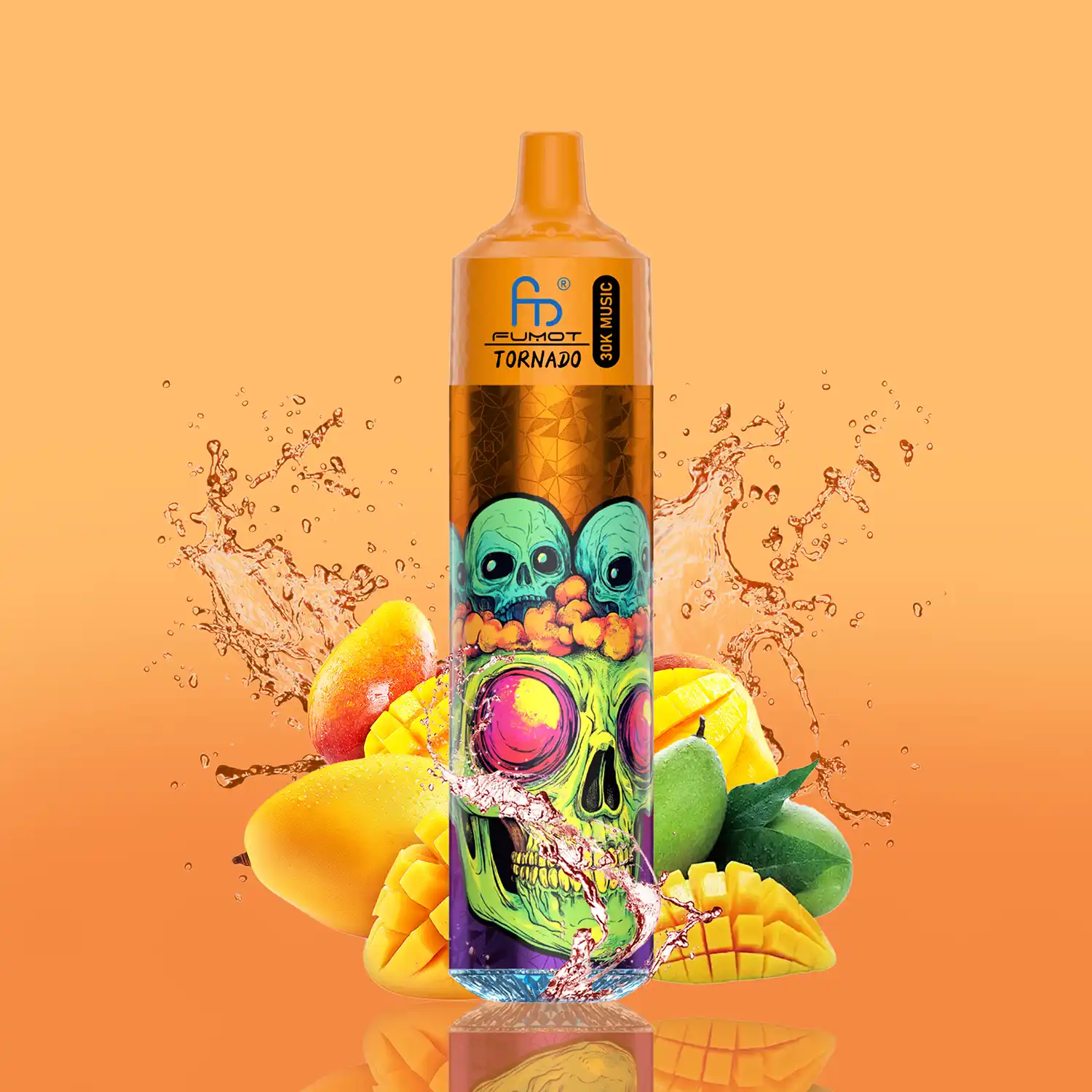 Zbliżenie na e-papieros RandM Tornado 21000, ukazujące jego wyrazisty, uliczny design i żywe kolory, być może z elementami street artu w tle.