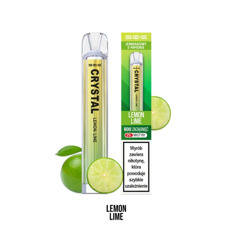 Jednorazówka Crystal w kolorze odpowiadającym smakowi cytryny i limonki, obok plasterków świeżej cytryny i limonki, z delikatnym efektem chłodzenia.