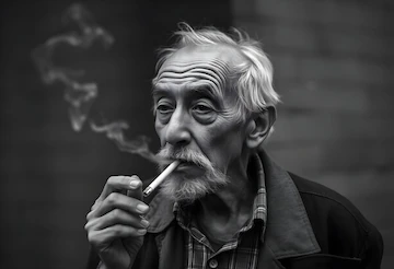 Zamyślony mężczyzna w średnim wieku, trzymający w dłoni zapalonego papierosa, z wyrazem zadumy i zmęczenia nałogiem.