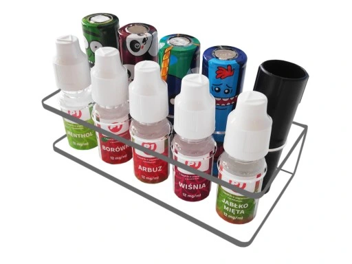 Schematyczny przekrój e-papierosa pokazujący powiększony zbiornik na liquid o dużej pojemności, podkreślający innowację.