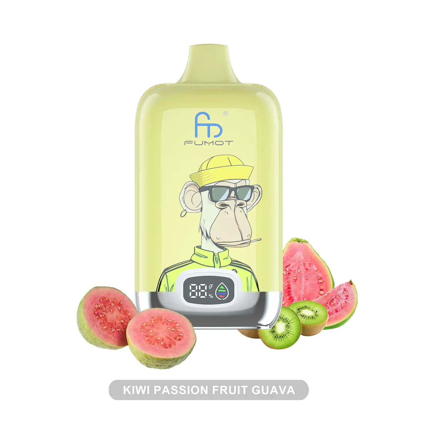 Grafika przedstawiająca owoc kiwi, marakuję i gujawę, tworzące fale lub eksplozję smaku, z delikatnym dymem, symbolizujące intensywność smaku XCOR Kiwi Passionfruit Guava w e-papierosach jednorazowych.