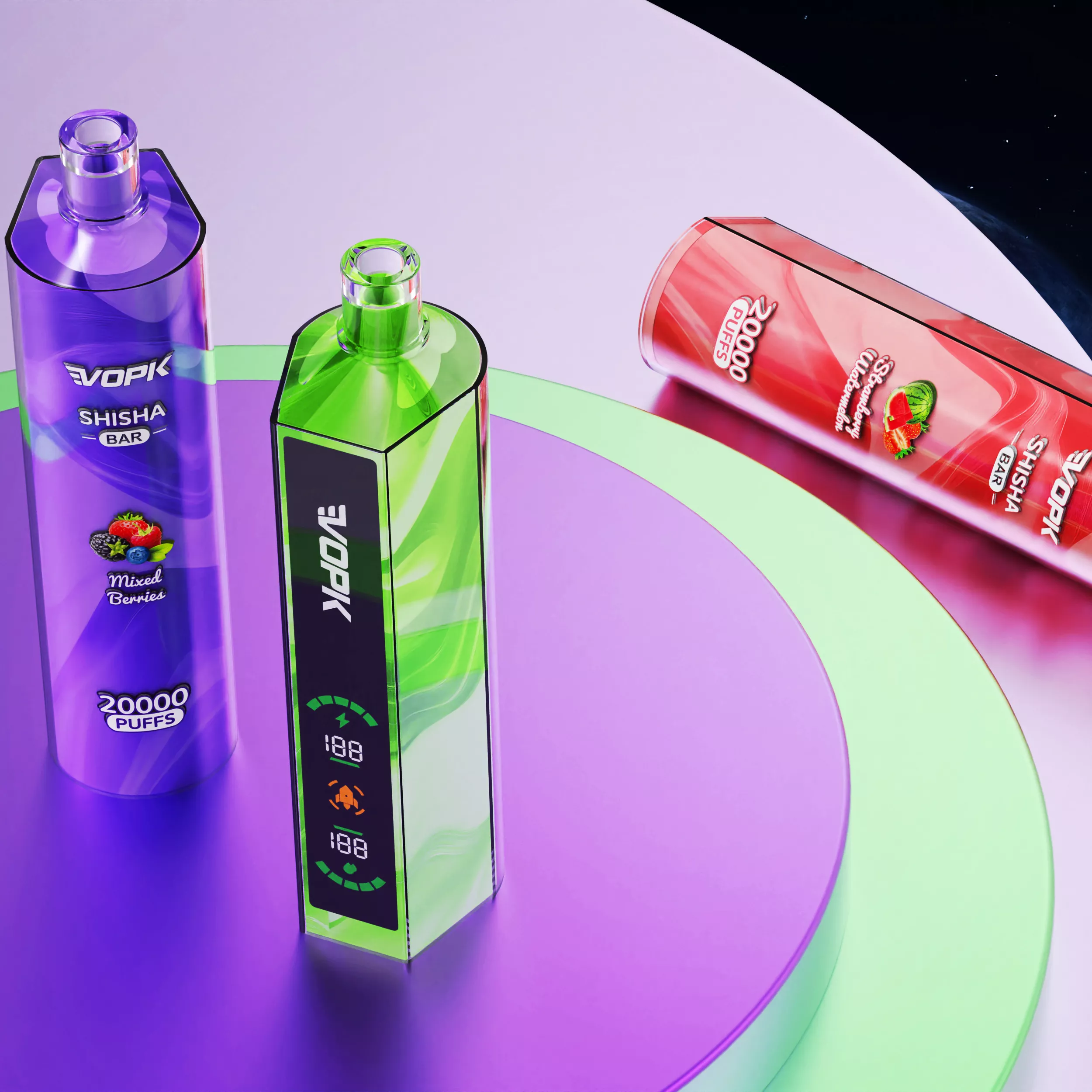 Zbliżenie na e-papieros VOPK Shisha 20000, prezentujące jego unikalny, odważny design inspirowany fajką wodną (shisha).