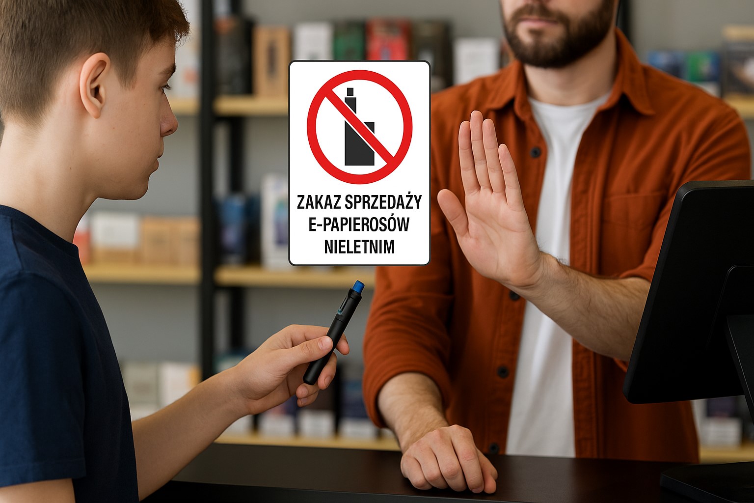 Znak zakazu z przekreślonym megafonem lub plakatem reklamowym, symbolizujący zakaz promocji i reklamy e-papierosów w Polsce.