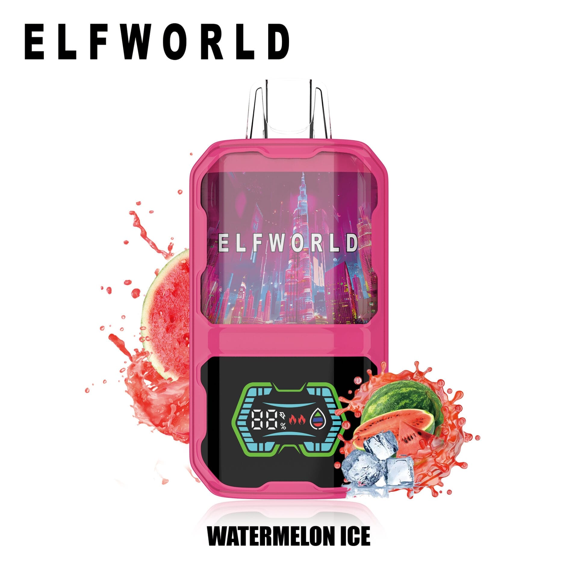 Wizualizacja technologii Dual Mesh Coil w e-papierosie, z parą i owocami, symbolizująca intensywność i czystość smaku, a także opcje różnorodności smaków.