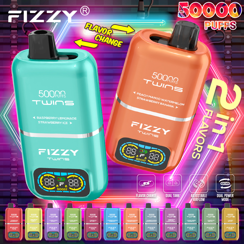 Zdjęcie e-papierosa Fizzy Twins 20000, podkreślające jego elegancki, metalowy design i widoczny ekran LCD oraz przełącznik smaków.
