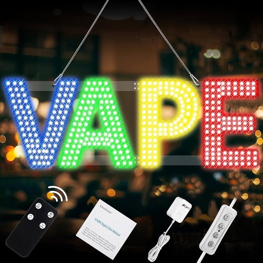 Zbliżenie na ekran podrabianego e-papierosa z pikselowatymi, topornymi czcionkami, przypominającymi wyświetlacz starego zegarka Casio.