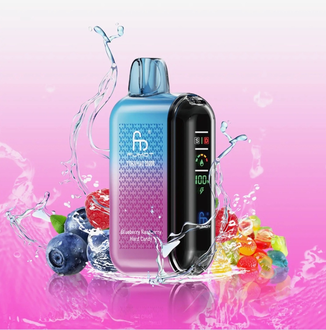 Zbliżenie na e-papieros Fumot Tornado 20000, pokazujące jego jaskrawe oświetlenie RGB i charakterystyczne, głośne grafiki na obudowie, np. z motywem małpy lub zombie.