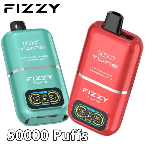 Kolekcja nowoczesnych, kolorowych e-papierosów jednorazowych, w tym modele z podwójnymi smakami (Fizzy Twins) oraz z dużymi ekranami (HIFANCY 16K), ułożone w atrakcyjny sposób.