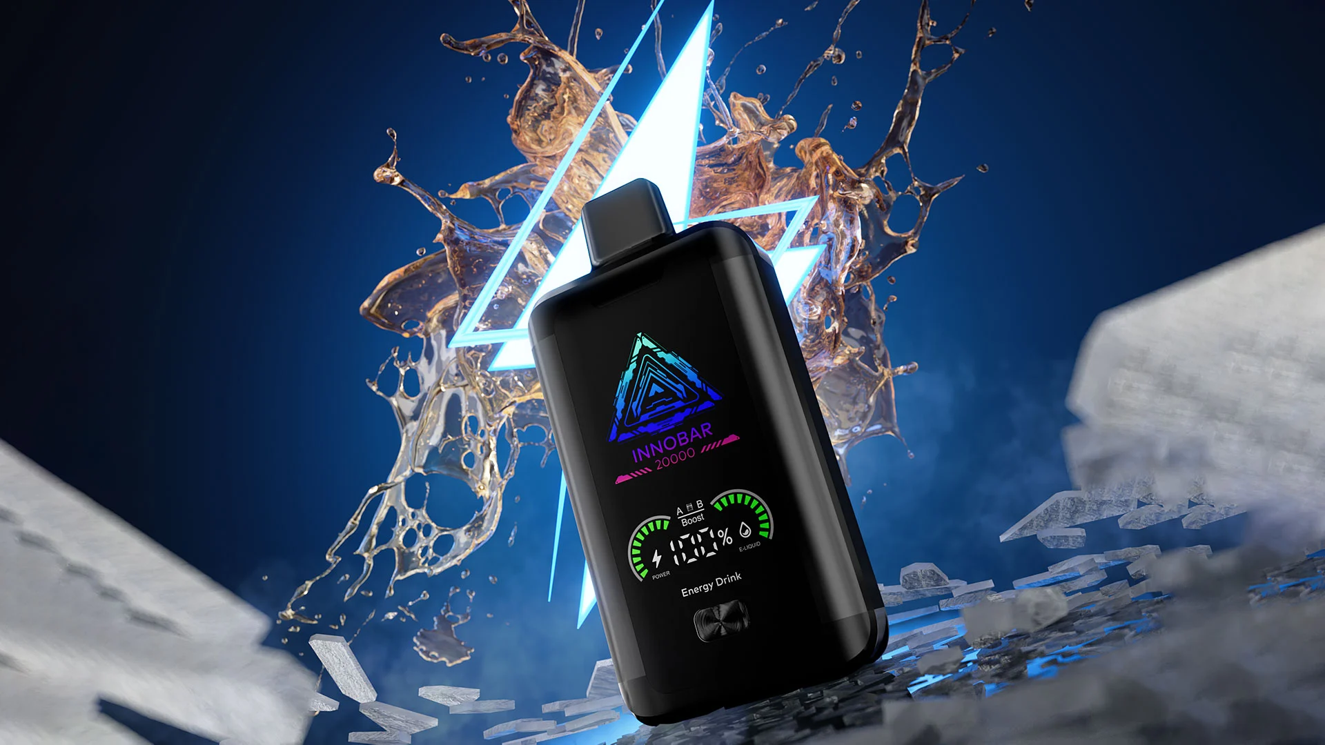 Grupa młodych ludzi bawiących się na imprezie, jedna osoba z przerażeniem patrzy na migającą diodę rozładowanego e-papierosa jednorazowego.