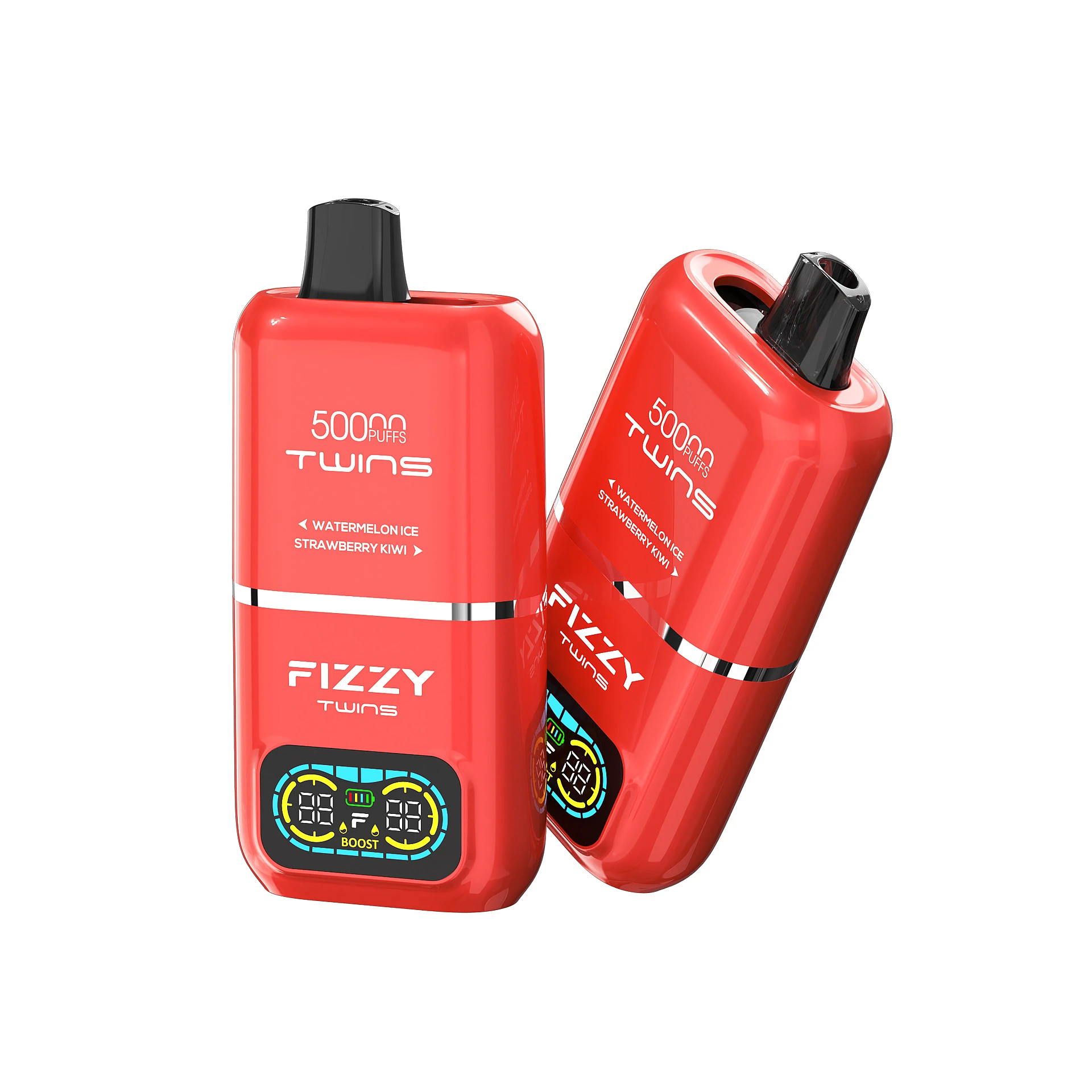 Zdjęcie e-papierosa Fizzy Twins 50K, wyglądającego jak solidny powerbank lub granat, z widocznymi przez przezroczystą obudowę elementami wewnętrznymi.