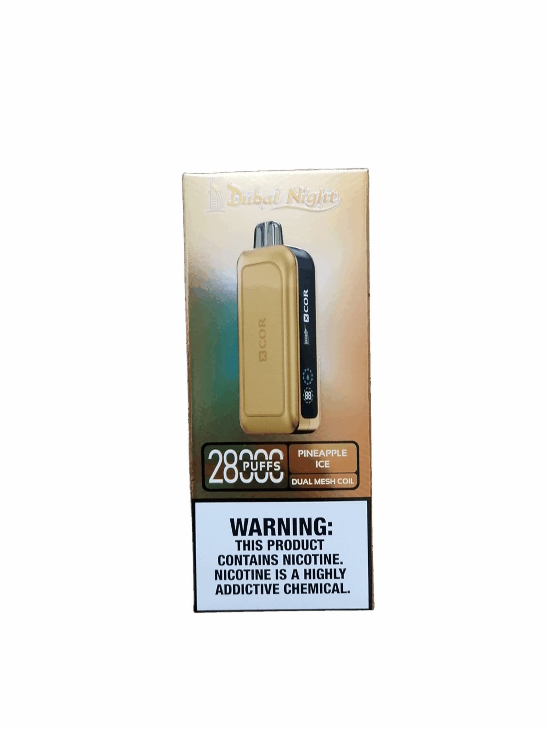 Zbliżenie na e-papieros XCOR w kolorze złotym, z widocznym, dynamicznym wyświetlaczem animacji i błyszczącymi detalami, podkreślającymi jego krzykliwy design.