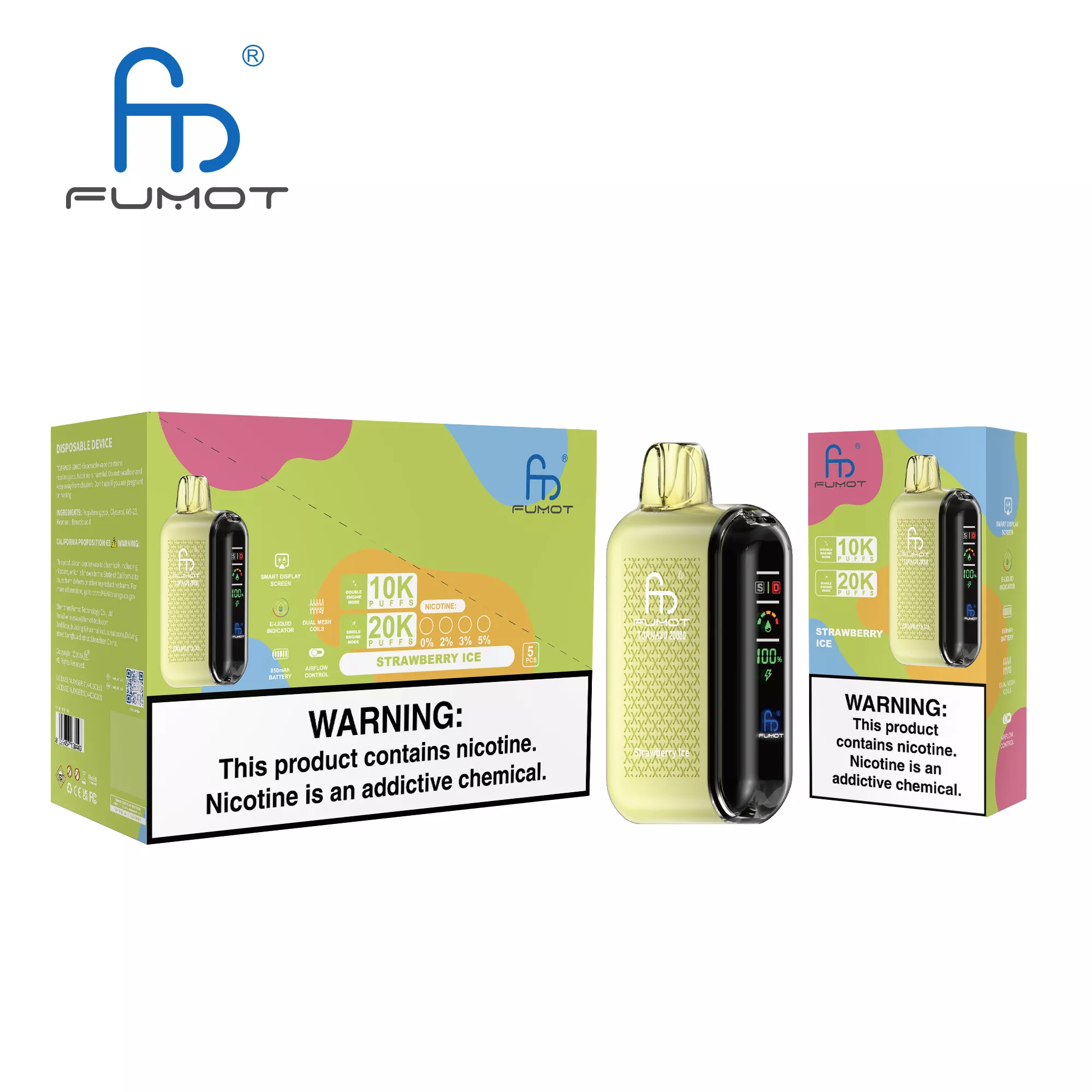 Bliskie ujęcie e-papierosa Fumot Tornado 20000, z wyraźnie widocznym plastikowym wykończeniem, charakterystycznymi grafikami i świecącymi diodami LED RGB podczas użycia.