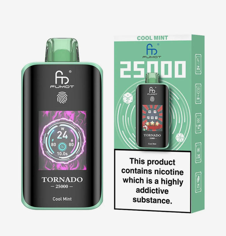 E-papieros Fumot Cool Mint z liśćmi świeżej mięty i kryształkami lodu, symbolizujący orzeźwienie.