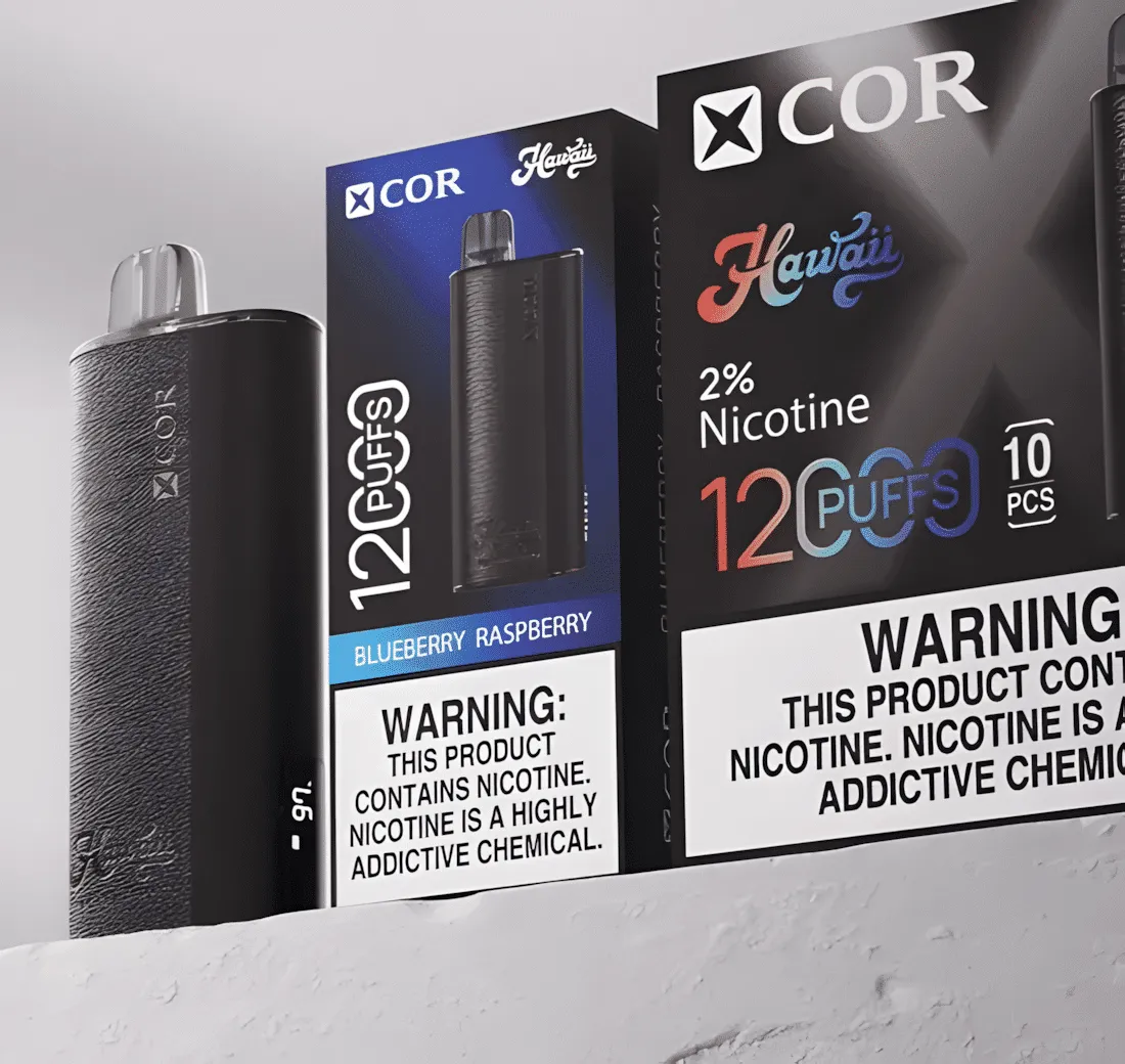 Dwa identyczne e-papierosy XCOR, jeden oznaczony 12000, drugi 12K, podkreślające ich tożsamość.