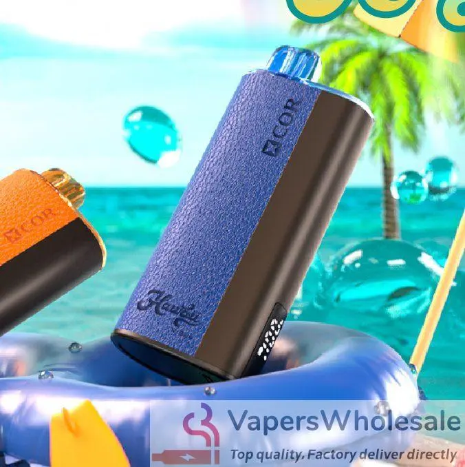 Detale e-papierosa XCOR Hawaii Pro 23K ukazujące przepiękne, tropikalne gradienty kolorów, przechodzące od żółtego do pomarańczowego i błękitu do zieleni.