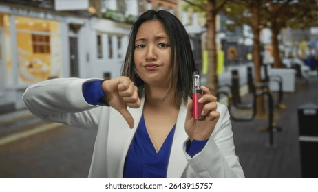 Elegancko ubrana kobieta (może w marynarce lub sukience) trzymająca w dłoni e-papieros Fizzy, w tle subtelne biuro lub sala konferencyjna.