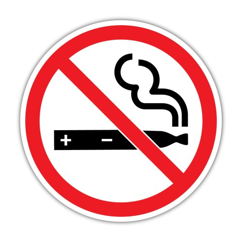 Ikona e-papierosa w okręgu z przekreśleniem, symbolizująca zakaz sprzedaży online, na tle prawnych dokumentów lub witryny e-commerce.