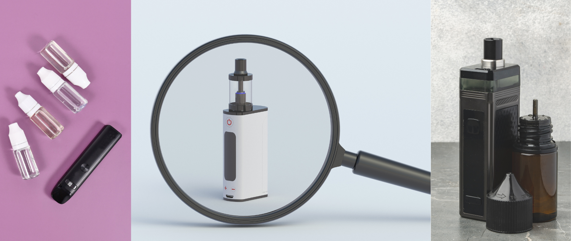 Grafika przedstawiająca e-papieros wydzielający kolorowy dym, który ma kształt czaszki lub symbolu zagrożenia, symbolizujący toksyczne aspekty smaków.