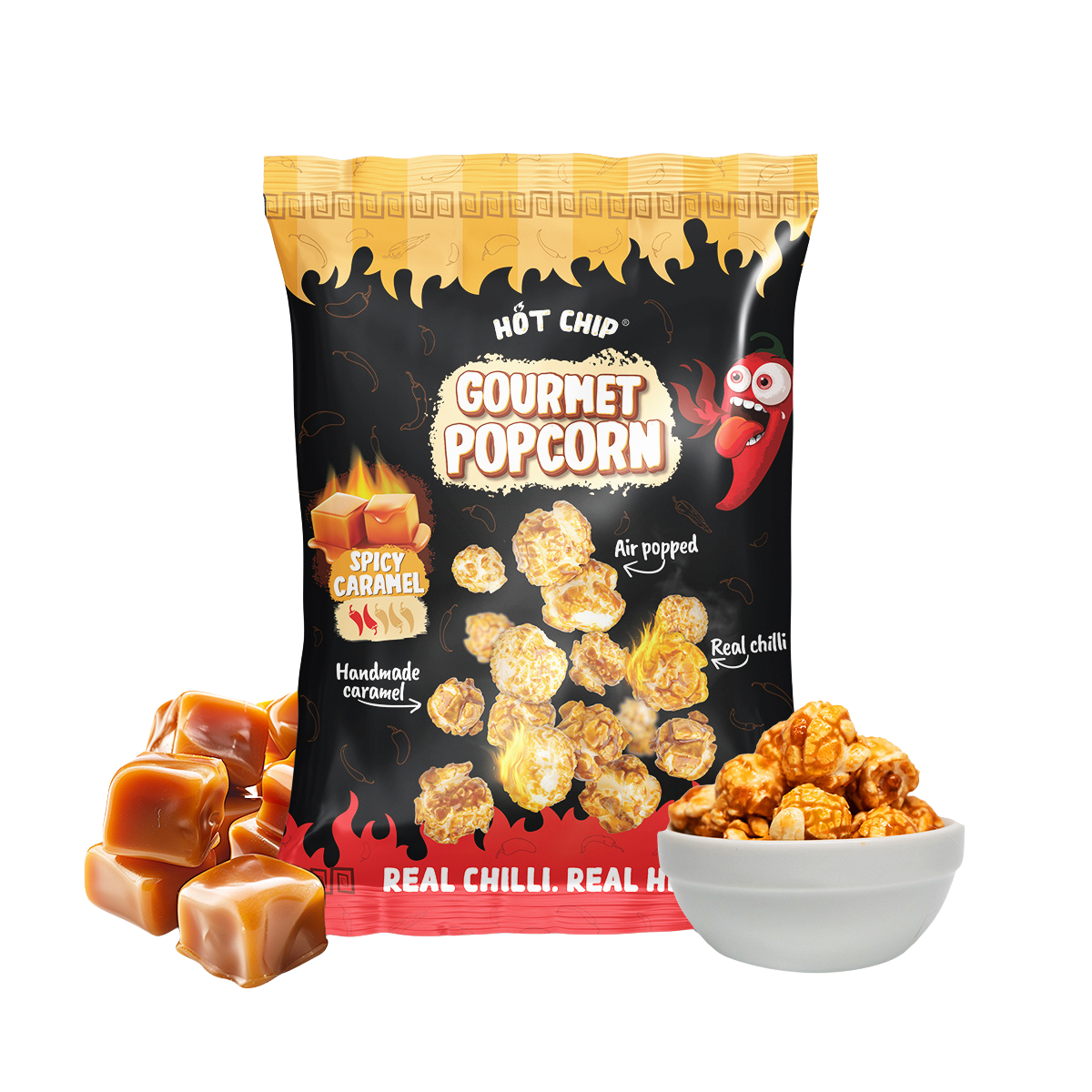 spalony popcorn smak, fusy kawy zimne, przyprawa Maggi cukier - Popcorn Spicy Caramel 120 g | Real Chilli. Real Heat.