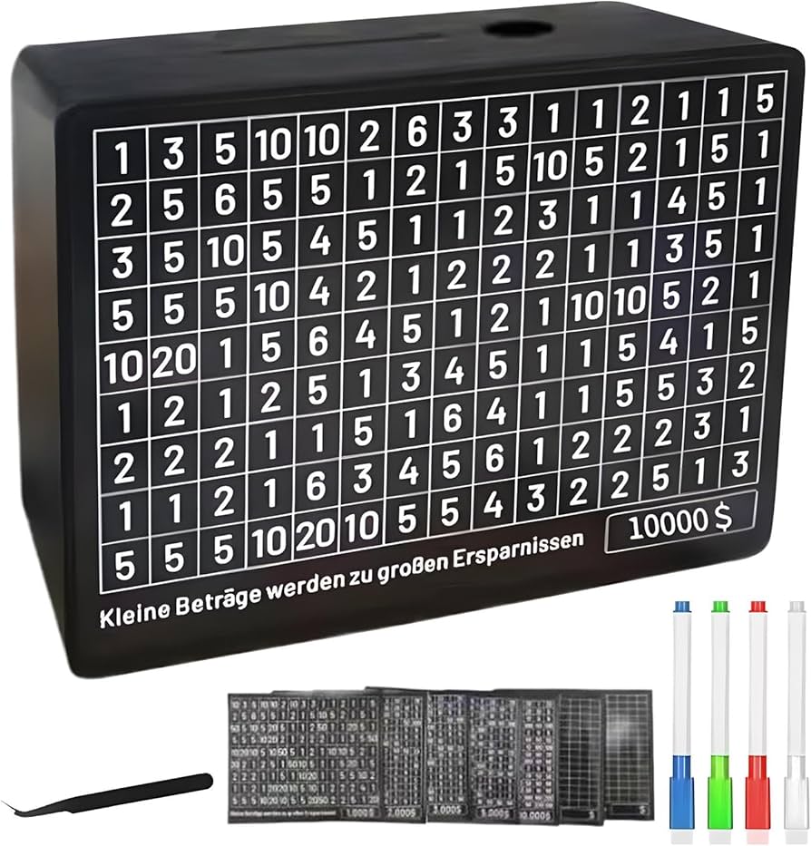 Monety i banknoty wpadające do większego pudełka lub skarbonki, symbolizujące oszczędności związane z większymi opakowaniami, z ikoną kalkulatora w tle.