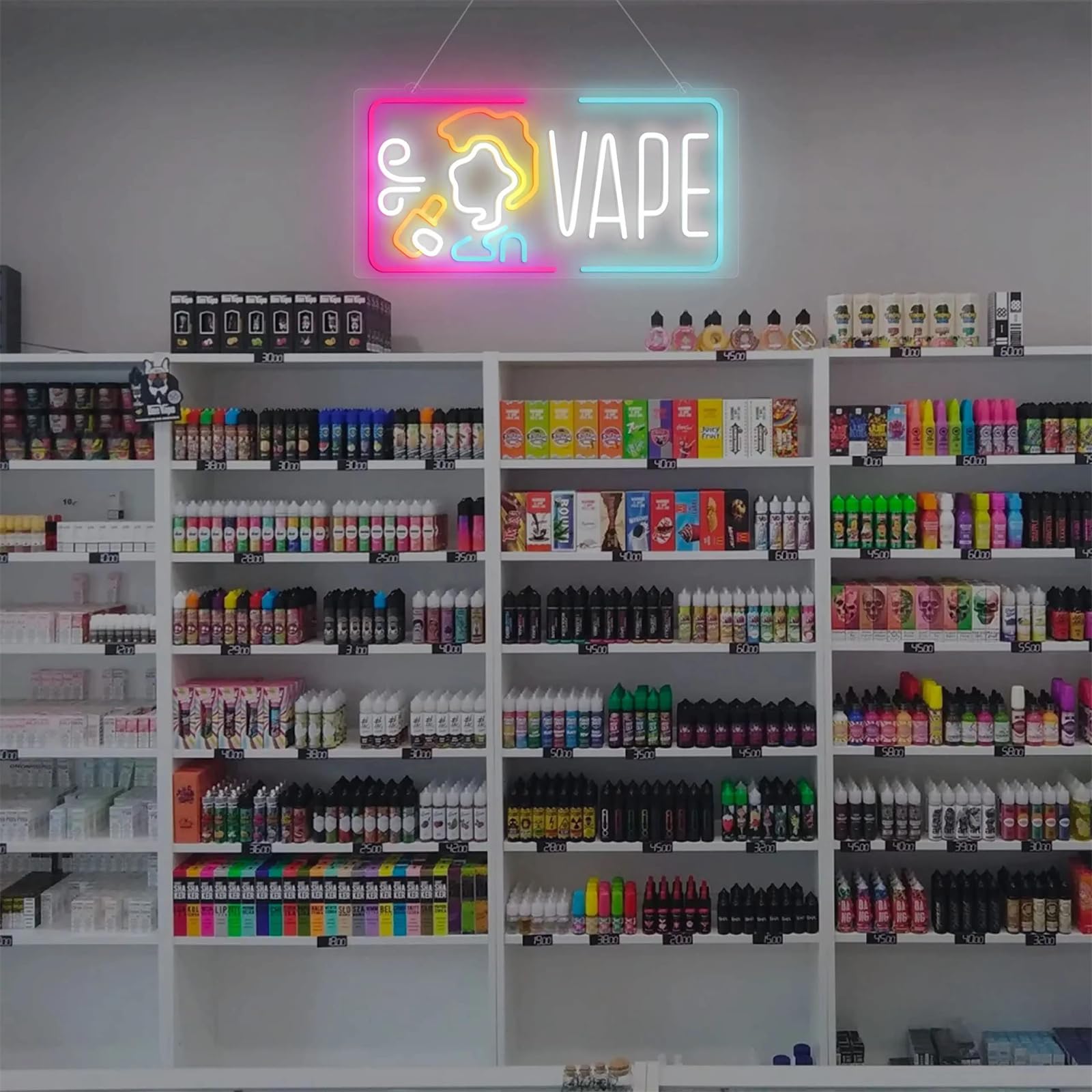 półka sklepowa z podstawowymi e-papierosami jednorazowymi, małe kolorowe vape - FINOTI sklep z e-papierosami neon do reklamy biznesowej, światło jaskini człowieka, ręcznie robiona dekoracja led, nastrojowe światło neonowe do ...