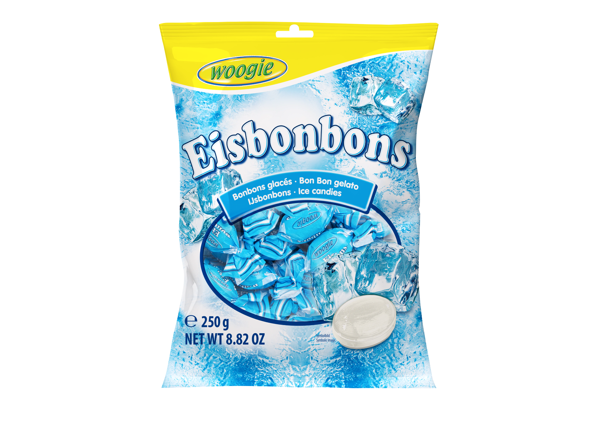 niebieski cukierek lodowy, niebieski owocowy napój orzeźwiający, psychologia niebieskiego koloru jedzenie, lodowe orzeźwienie niebieski - WOOGIE Cukierki Orzeźwiające ICE 175g - Yummy Sweet