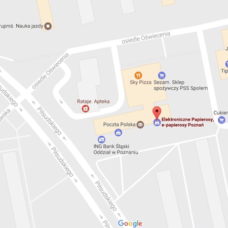 Uproszczona mapa Polski z wyraźnie zaznaczonymi miastami Warszawa i Kraków oraz ikonami symbolizującymi poszukiwanie sklepów z e-papierosami.